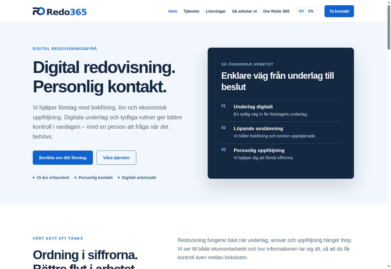 Skärmbild av Redo 365:s startsida för digital redovisning