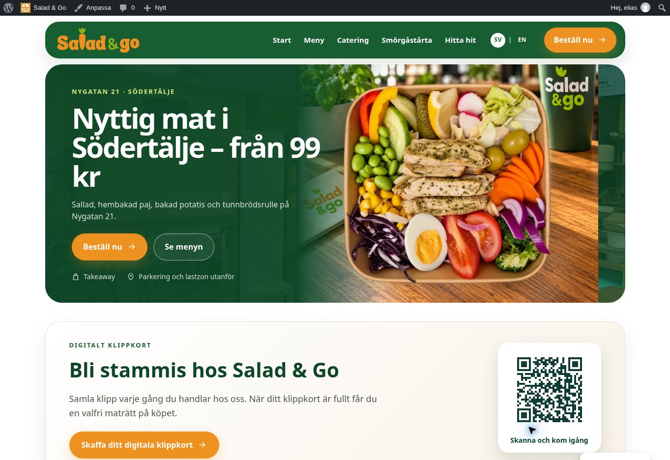 Skärmbild av Salad & Gos startsida med mat, meny och tydlig beställningsknapp