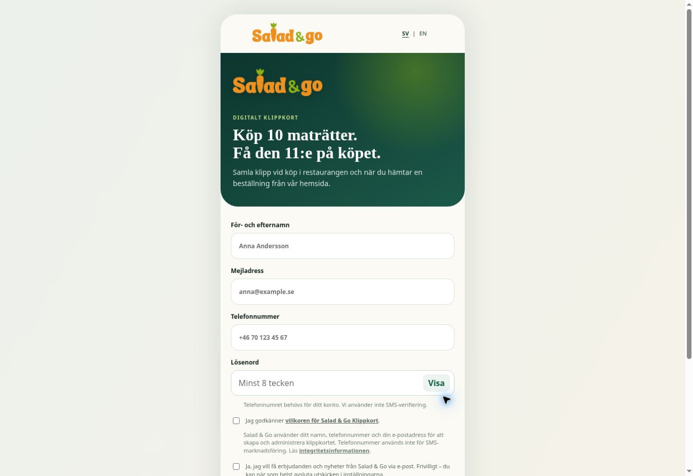Offentlig registreringsvy för Salad & Gos digitala klippkort